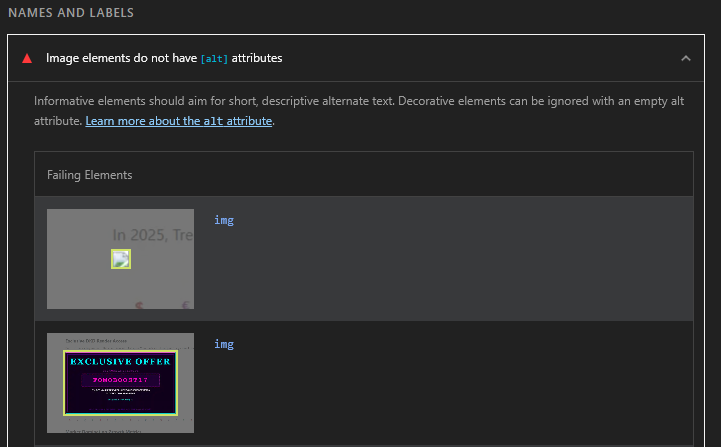 A screenshot of the results of a Lighthouse report showing two elements that do not have the alt attribute.