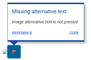 A screenshot of one of the alternative text errors on the page. The popup text reads "Missing alternative text".