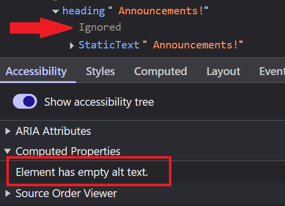 A screenshot of the DevTools accessibility tree illustrating the expected behaviour that the image with the empty alt attribute is excluded from the tree