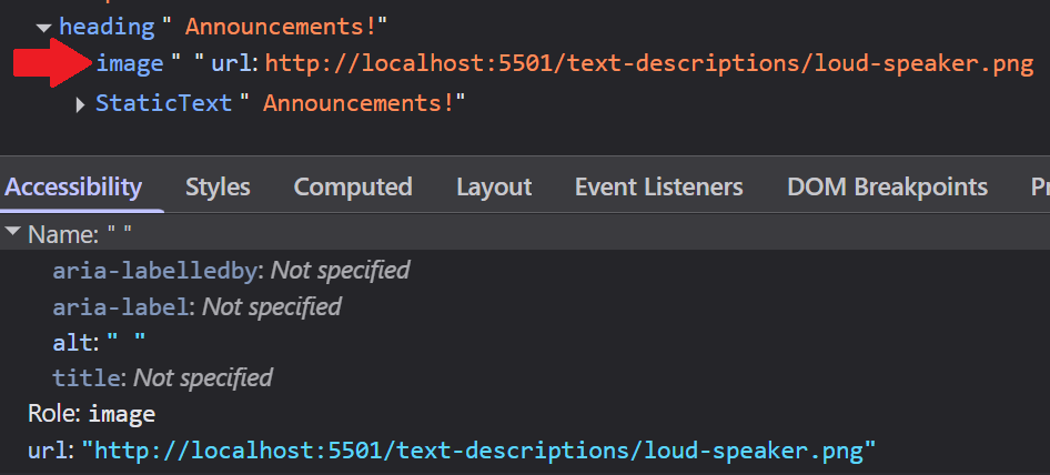 A screenshot of DevTools showing the image is present in the accessibility tree with an blank space for its accessible name.