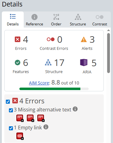A screenshot of the report details of a WAVE report showing three missing alternative text errors.