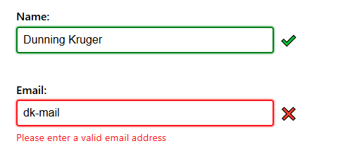 An email field with a red border and red cross icon and error text because it contains an invalid email address