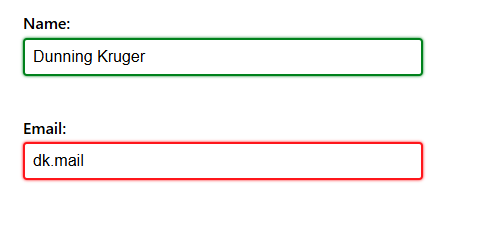 Name input field with a green border to indicate valid date and an email field with a red border because it contains an invalid email address