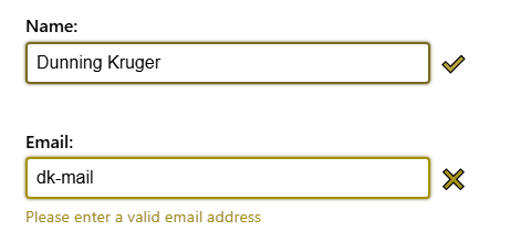 An email field with a border, a cross icon and error text because it contains an invalid email address. The colours are not easily discernible as a red-green colour blind filter has been applied