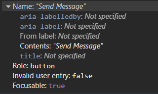 Accessibility information for a button showing accessible name is 'Send Message'
