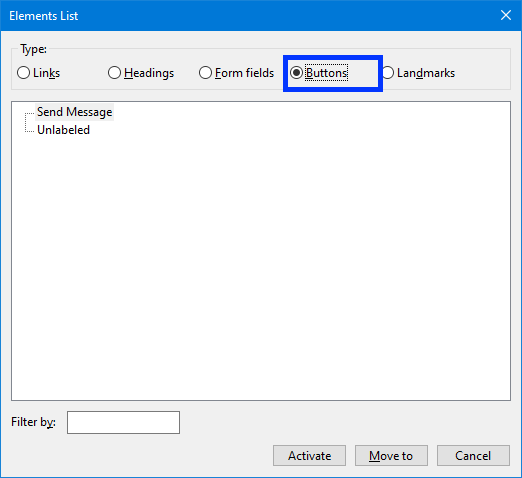 A button with an accessible name and an empty button with no accesible name in NVDA's "Buttons" element list