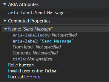 aria-label in DevTools accessibility panel that reads 'Send Message'