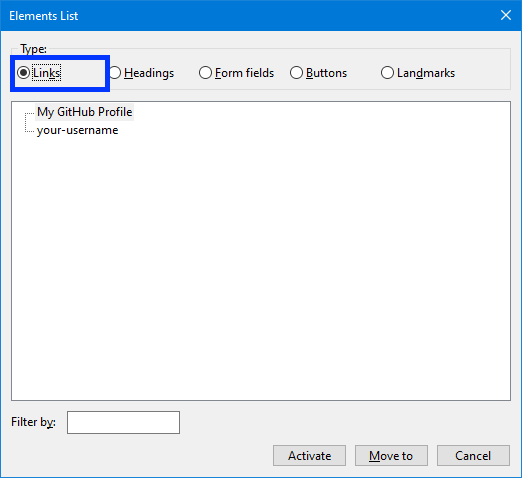 A link with an accessible name and an empty link in NVDA's "Links" element list