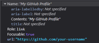 A link with an accessible name My GitHub Profile derived from its text content