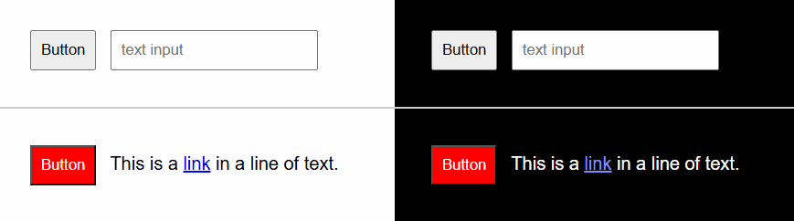 As focus changes between a button and other input elements the element currently in focus has a black outline of 3px thickness with a white box shadow of 6px