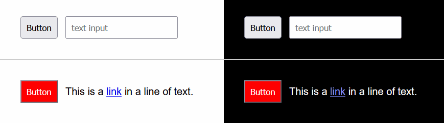 Firefox's default focus indicator is a blue outline on a white background and changes to a white and blue outline on a black background as the focus moves from button to input elements