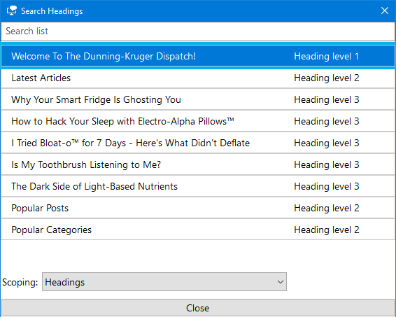 The headings list generated by the Narrator screen reader