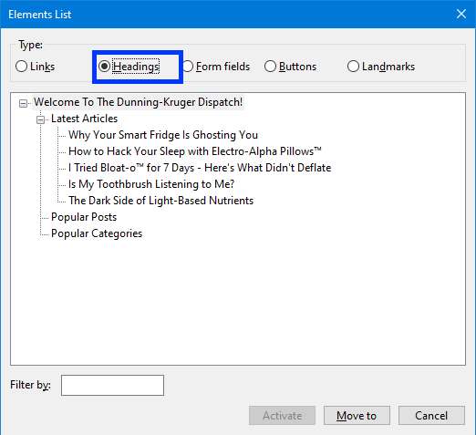The headings list generated by the NVDA screen reader