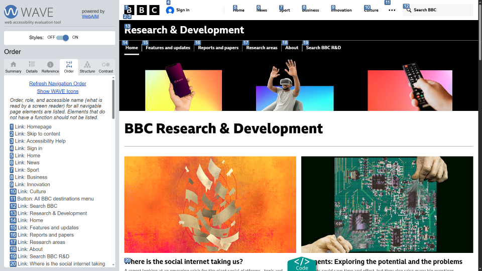 WAVE tool displaying the tab order of elements on the BBC Research and Development homepage