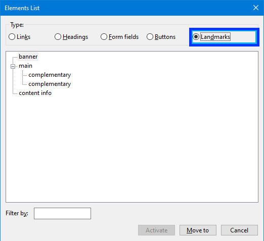NVDA landmark list showing only landmark role information