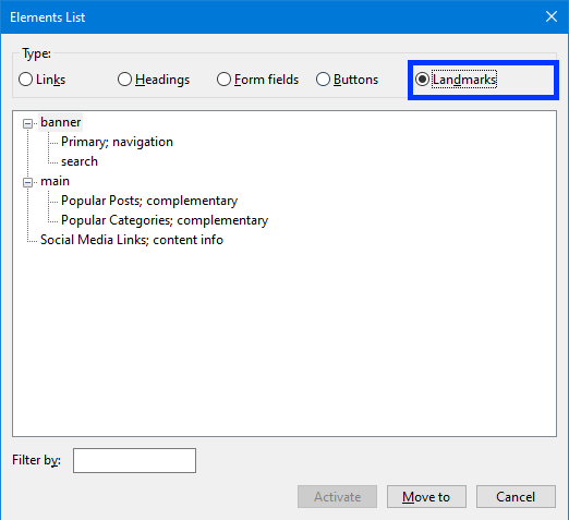 The landmarks list generated by the NVDA screen reader