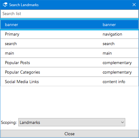 The landmarks list generated by the Narrator screen reader