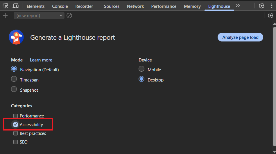 Lighthouse panel in Chrome DevTools with Accessiblity category checkbox checked