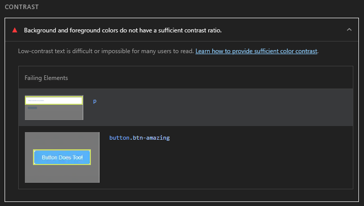 Low contrast text and button text identify by Lighthouse