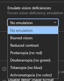 A dropdown list of the common vision deficiencies that Chrome DevTools can emulate