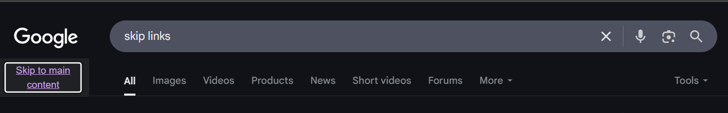 Google Search results skip link reading 'Skip to main content'
