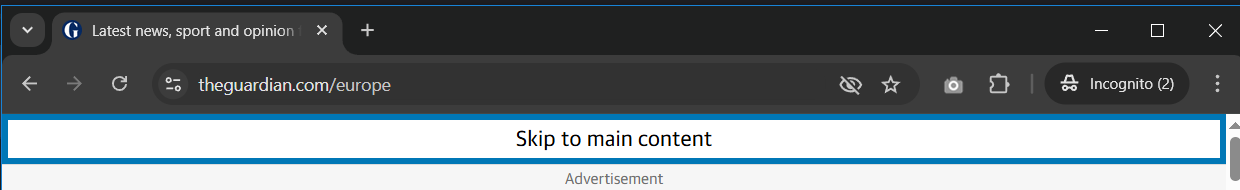 The Guardian.com skip link reading 'Skip to main content'