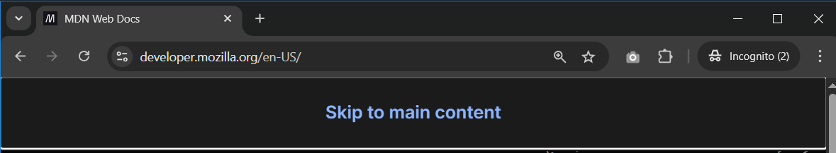 Mozilla Developer Network skip link reading 'Skip to main content'